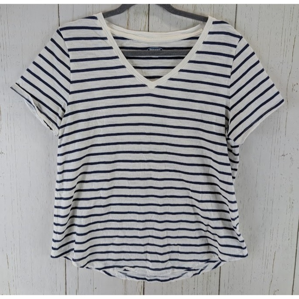 Old Navy Size Large Blue White Stripe Short Sleeve Womens Casual Top
